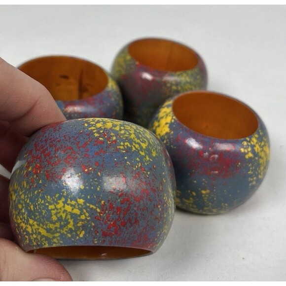 Set of 4 Boho Splatter Paint Multicolor Lacquered Wooden Napkin Rings Colorful - Picture 4 of 10
